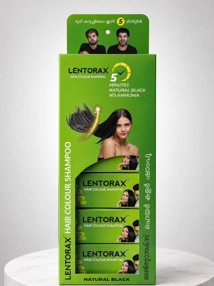 Lentorax Hair Colour Shampoo retail display pack — dealer counter unit